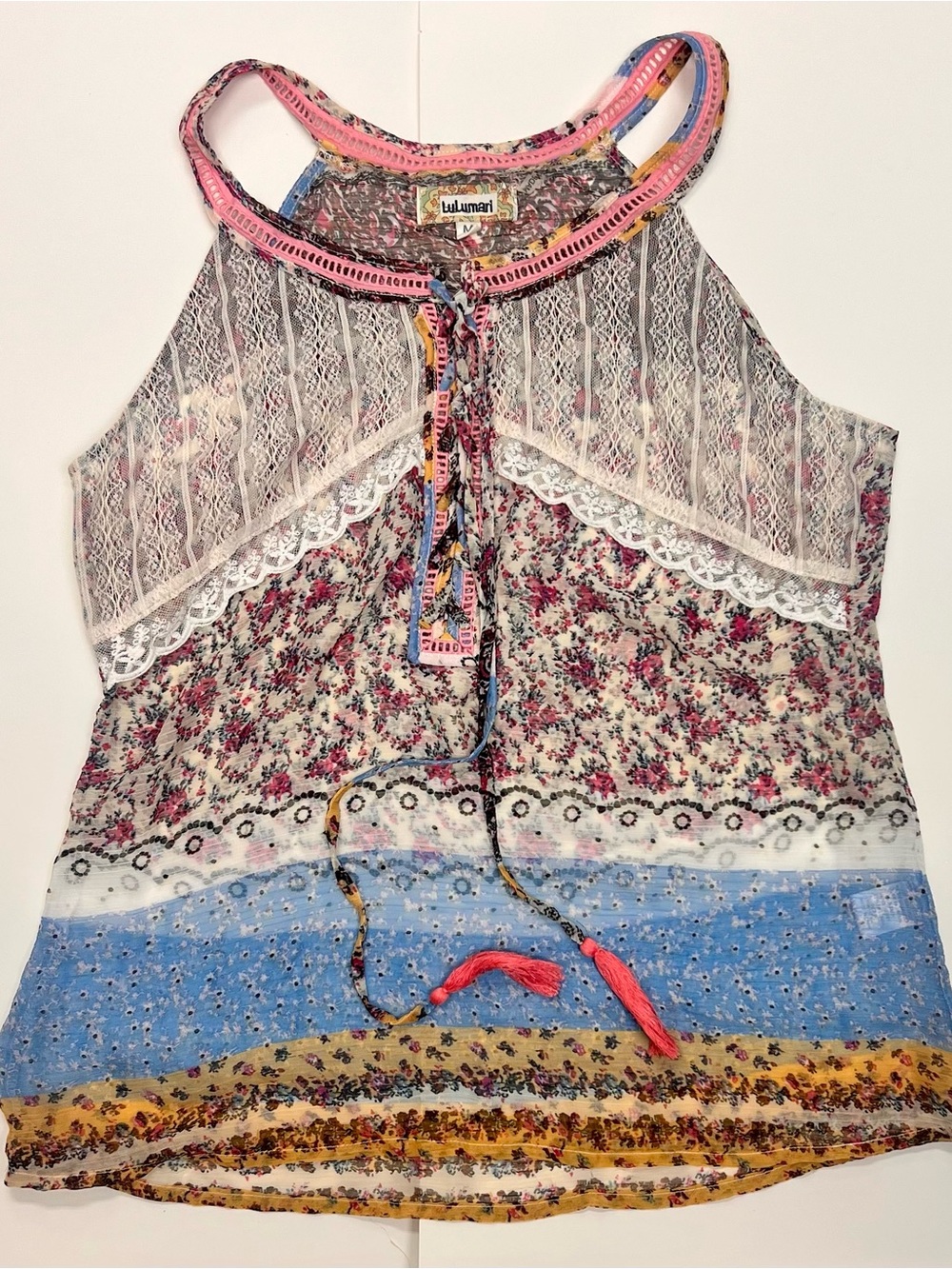 Lulumari Multicolor Floral Lace Halter Camisole — Pink, Blue, Cream, Yellow
